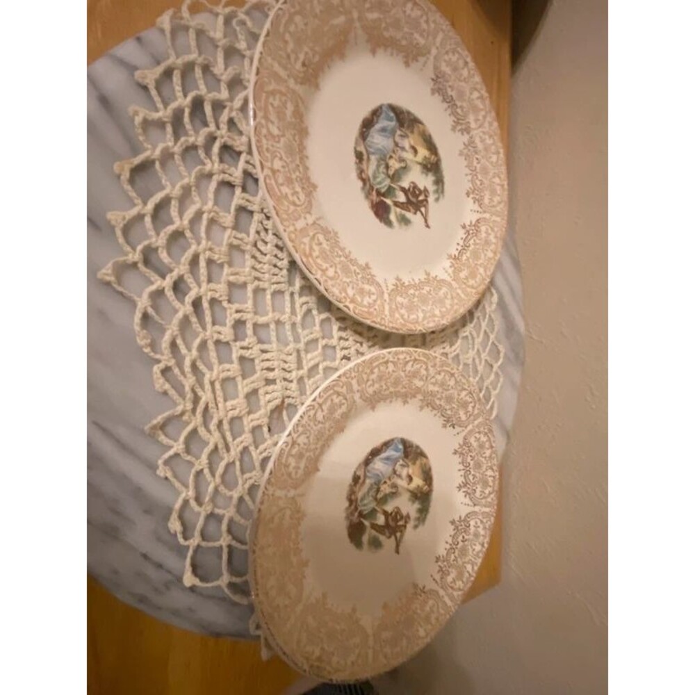 Set of 2 American Limoges China d’Or Filigree Plates 22K Gold Courting Scene